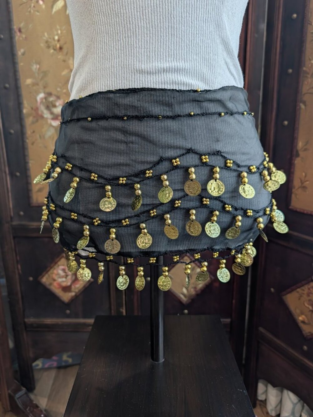 Black Chiffon Belly Dance Hip Scarf Gold Coin Beaded Tribal Fusion Costume Belt